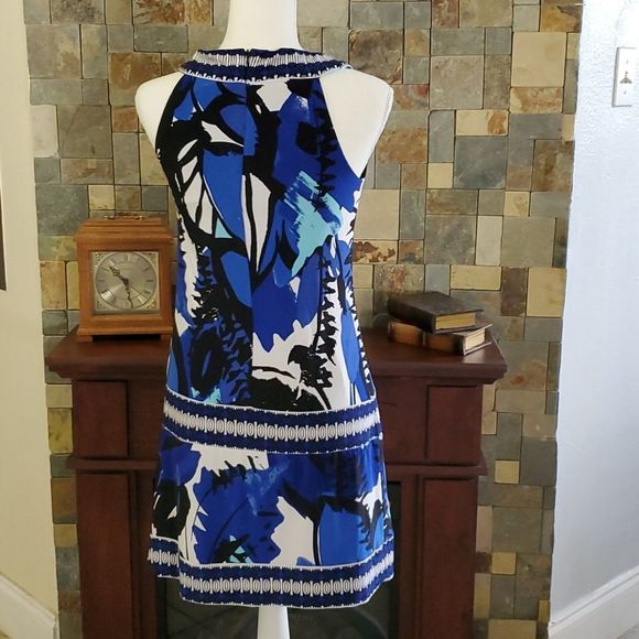 INC Blue Black Retro 90s Abstract Print Sleeveless Stretchy Mini Dress - Picture 5 of 9